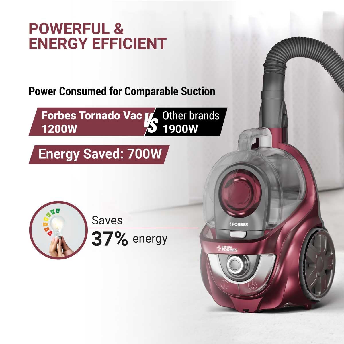 Eureka Forbes Tornado Vacuum Cleaner | Powerful 24 kPa Suction | Metal Telescopic Tube | Cyclonic Technology | 2.5 L Bagless Tank | Compact & Easy to Use |HEPA Filter | Vario Power | Auto cord winding ( GFCDFCNPRS240 )-Online Mahajan Electronics