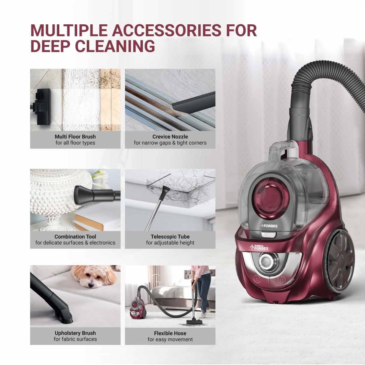 Eureka Forbes Tornado Vacuum Cleaner | Powerful 24 kPa Suction | Metal Telescopic Tube | Cyclonic Technology | 2.5 L Bagless Tank | Compact & Easy to Use |HEPA Filter | Vario Power | Auto cord winding ( GFCDFCNPRS240 )-Online Mahajan Electronics