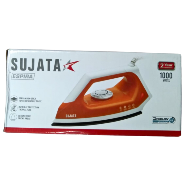 SUJATA Espira Press German Technology Non Sick Coated Sole Plate 1000 W Dry Iron (Orange-White) - Mahajan Electronics Online