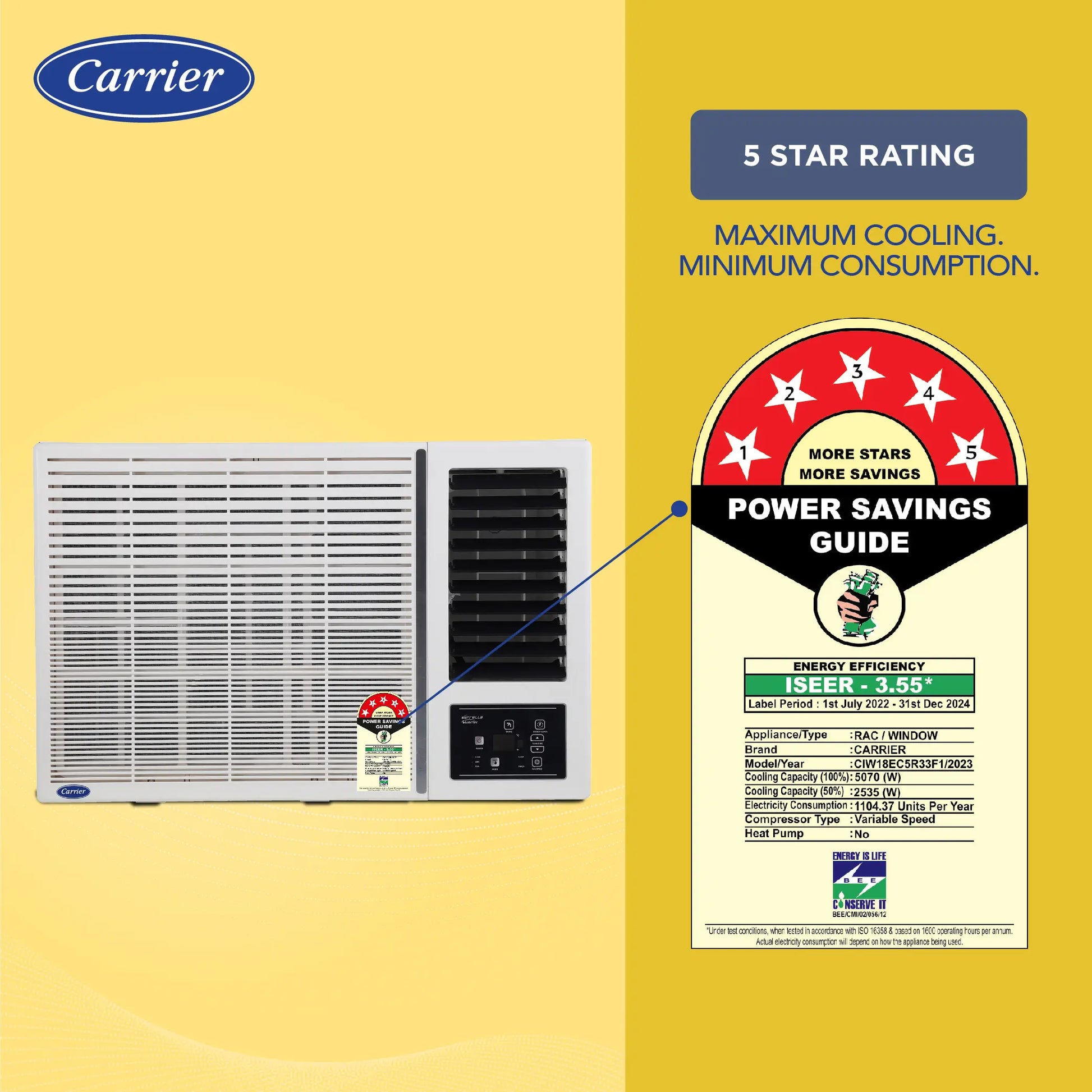 Carrier CIW18EC5R33F1 1.5Ton 5 Star Window Inverter AC( Copper, Dust Filter & Turbo Mode, 2024 Model, Estrella Exi,,White) Mahajan Electronics Online