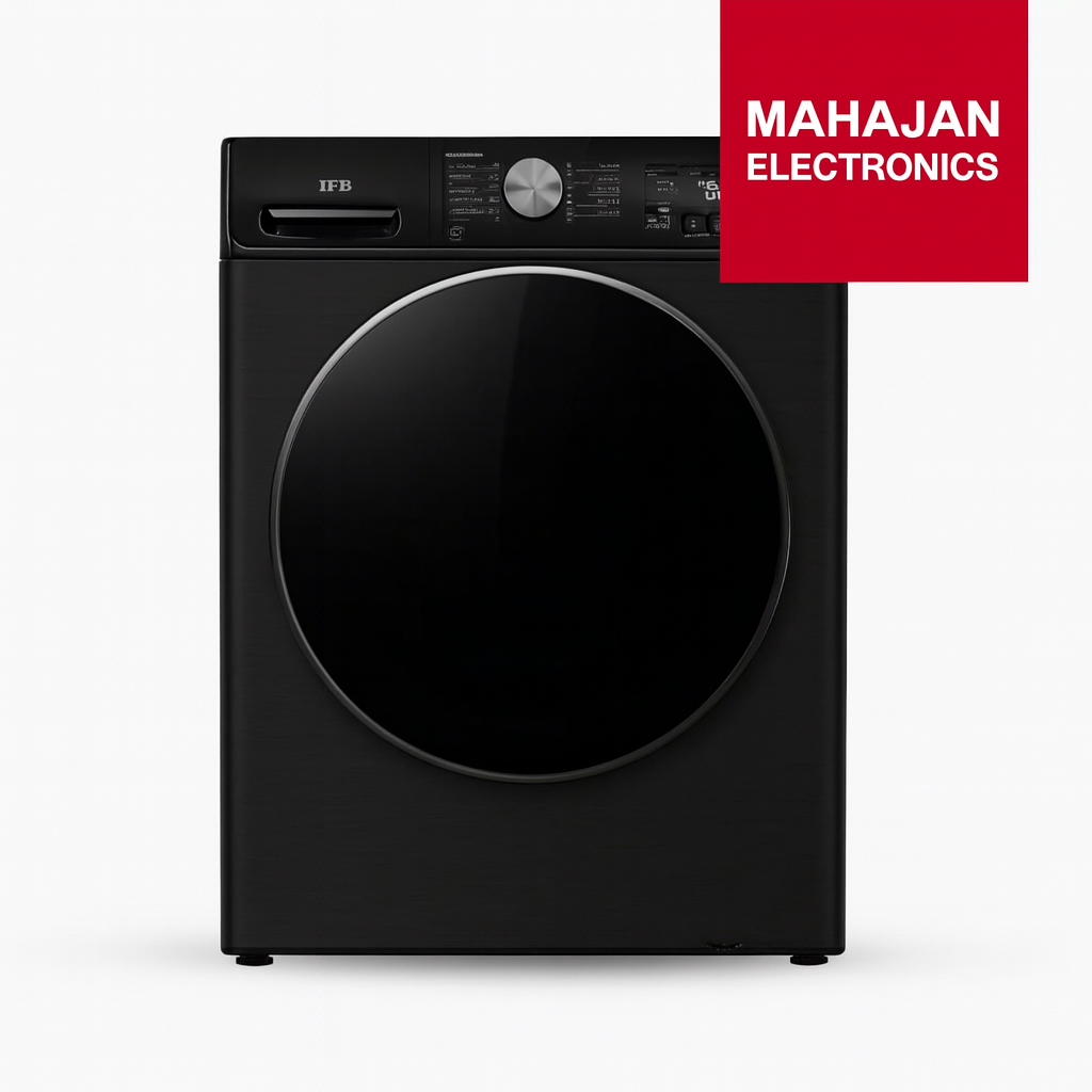 Black washing machine with Mahajan Electronics logo on a white background