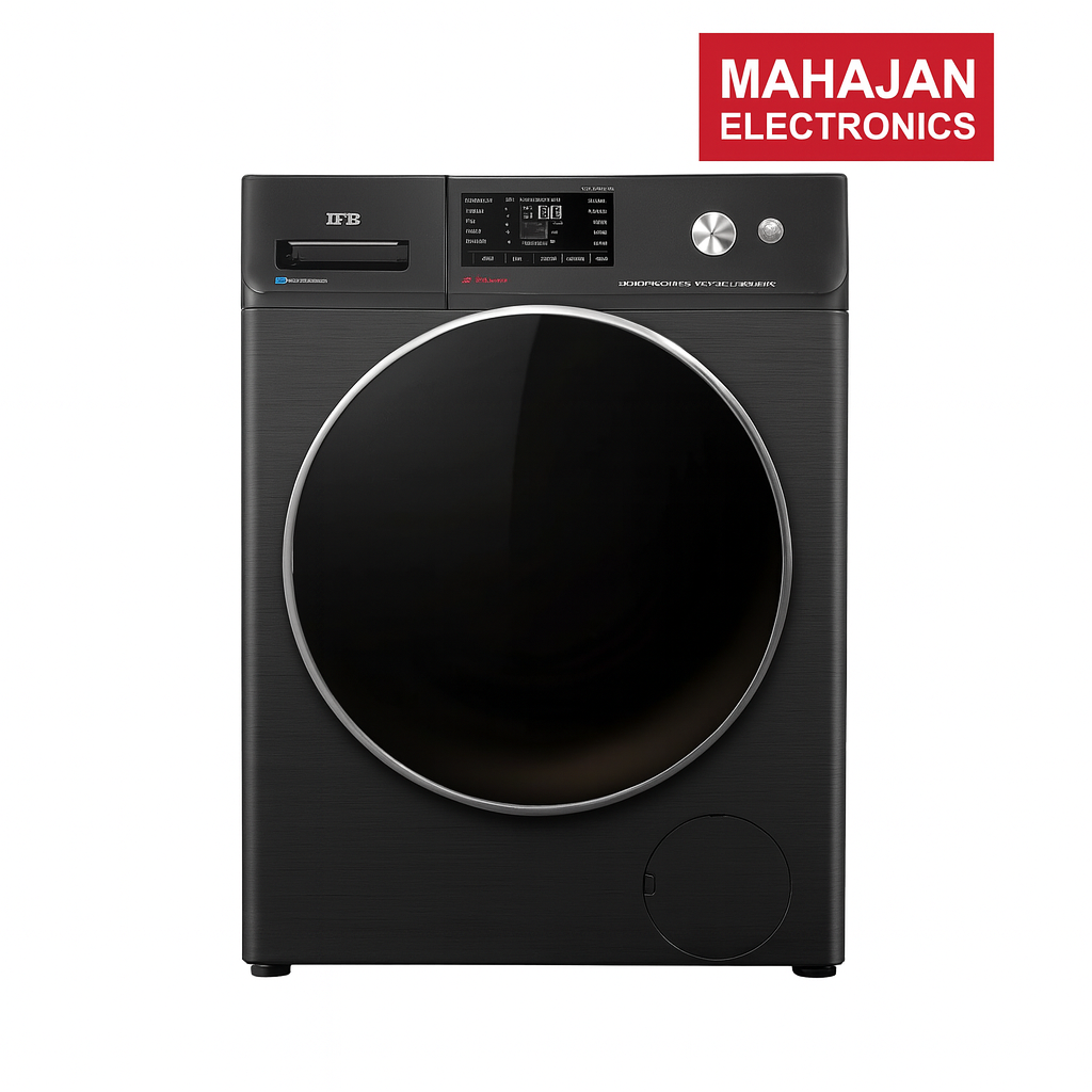 Black washing machine with Mahajan Electronics logo on a white background