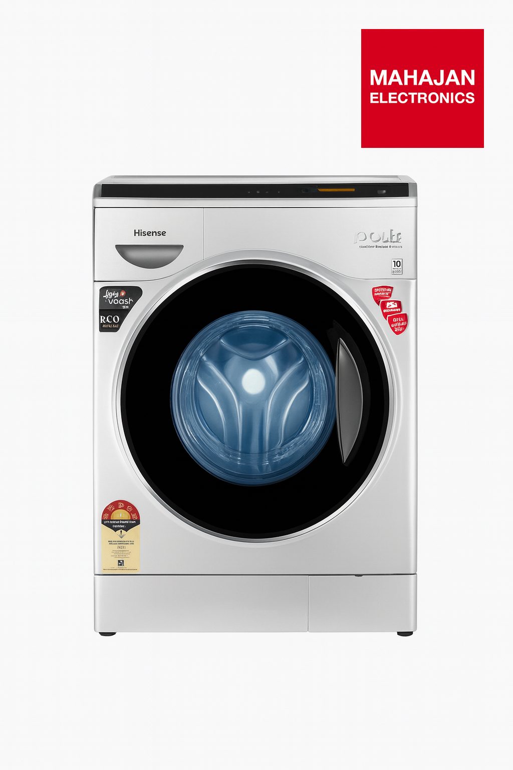 Front-loading washing machine with Mahajan Electronics logo on a white background