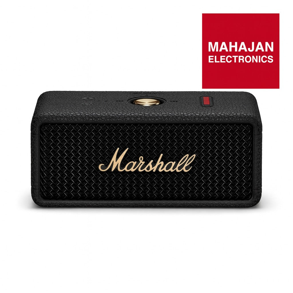 Black Marshall speaker with gold logo on a white background, featuring Mahajan Electronics logo.