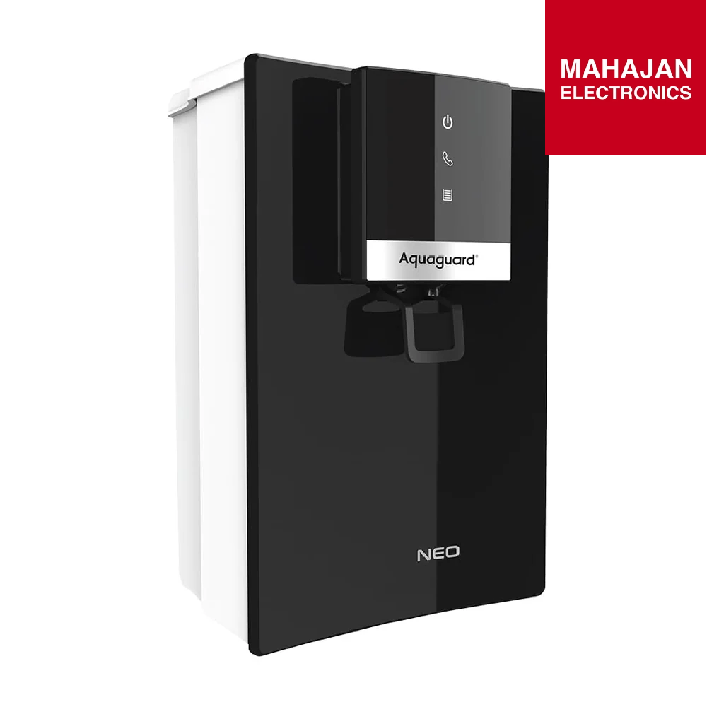 Black and white water purifier with Aquaguard branding on a white background, featuring Mahajan Electronics logo.