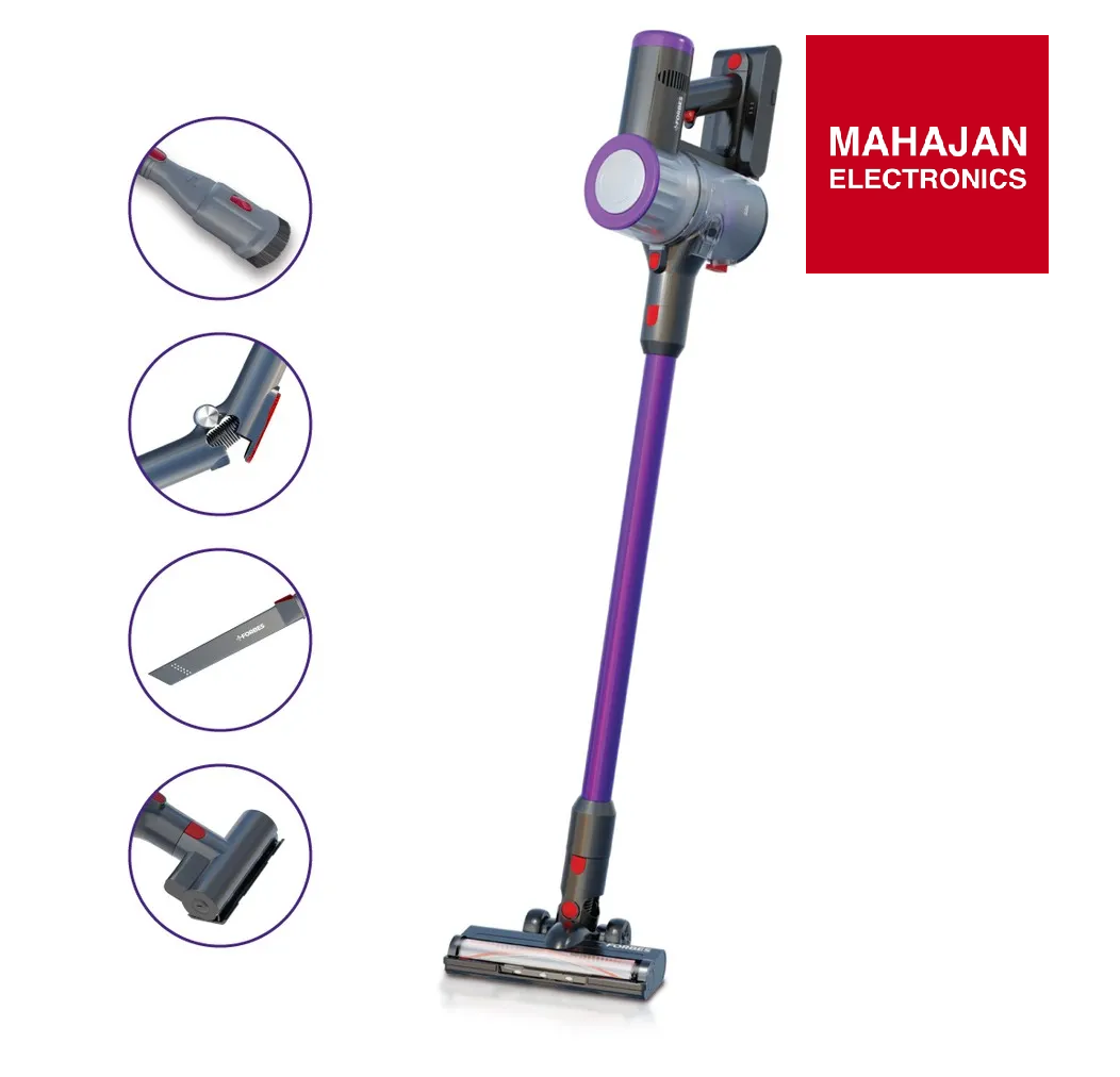 Cordless vacuum cleaner with attachments and Mahajan Electronics logo on a white background