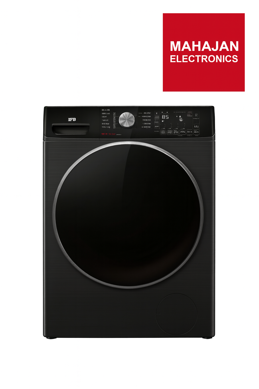 Black washing machine with Mahajan Electronics logo on a white background