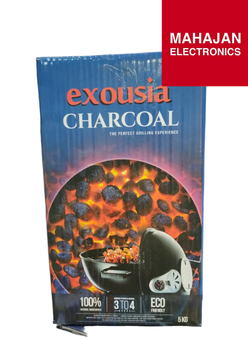 Exousia charcoal packaging with a grill image on a white background, featuring Mahajan Electronics branding.