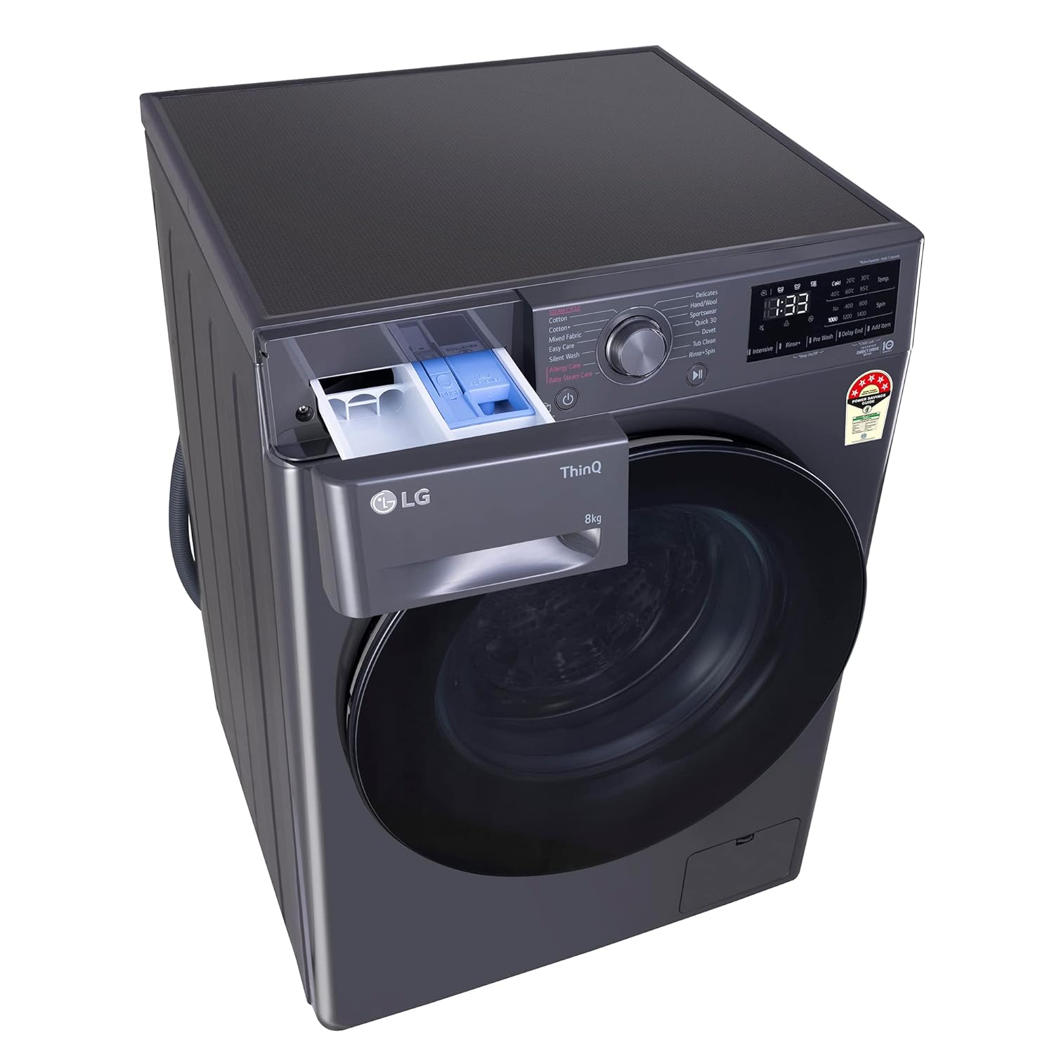 LG FHP1208Z5M 8 Kg 5 Star Inverter Wi-Fi Fully-Automatic Front Loading Washing Machine with Inbuilt heater (Middle Black, AI DD Technology & Steam for Hygiene) - Mahajan Electronics Online