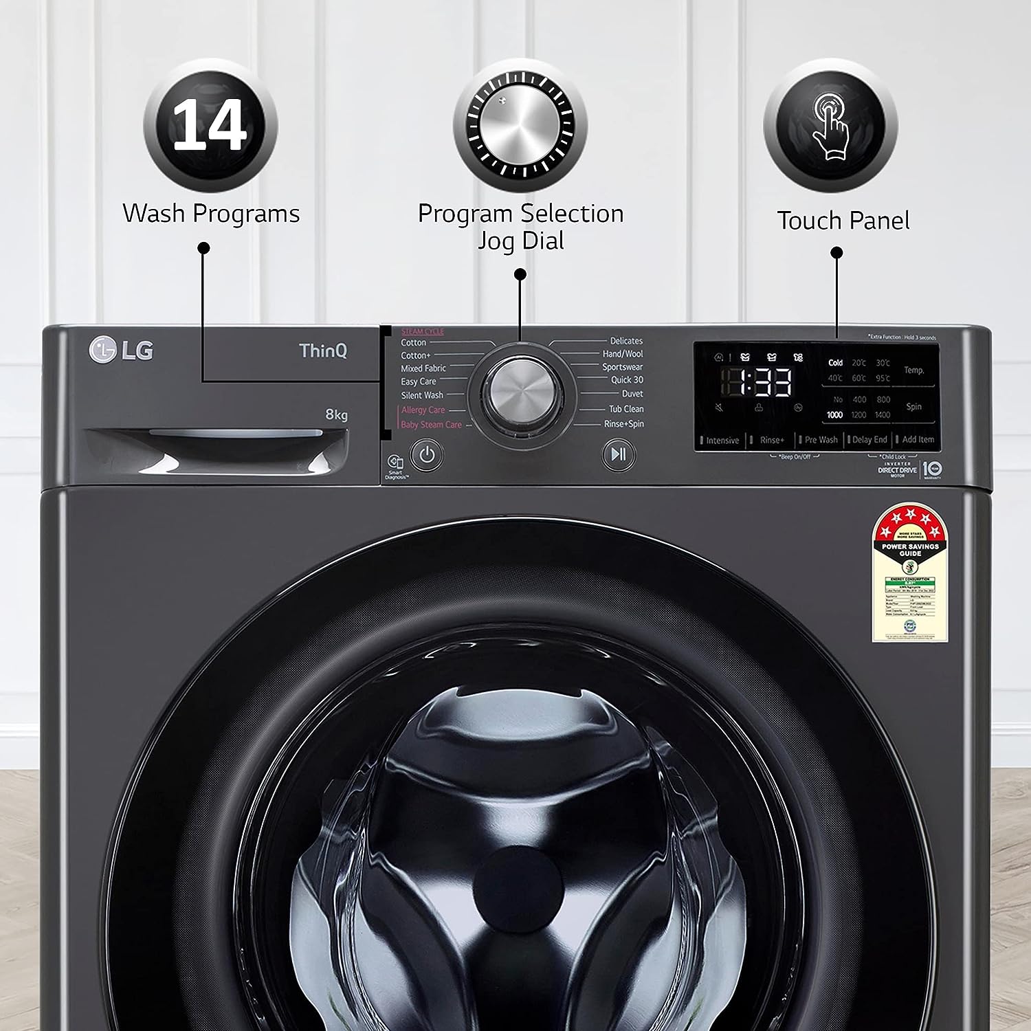 LG FHP1208Z5M 8 Kg 5 Star Inverter Wi-Fi Fully-Automatic Front Loading Washing Machine with Inbuilt heater (Middle Black, AI DD Technology & Steam for Hygiene) - Mahajan Electronics Online