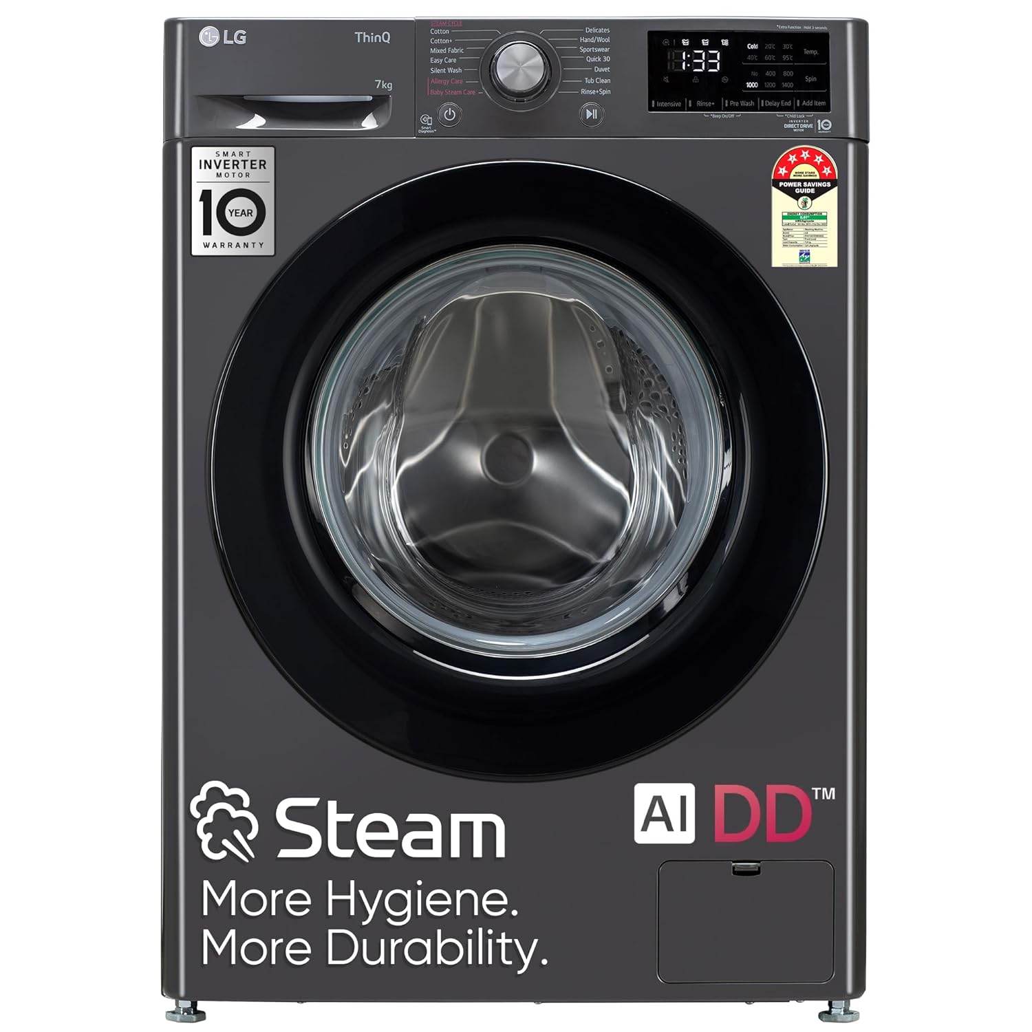 LG FHV1207Z2M 7 Kg 5 Star AI Direct Drive Fully-Automatic Front Loading Washing Machine (Middle Black, Steam for Hygiene Wash) - Mahajan Electronics Online