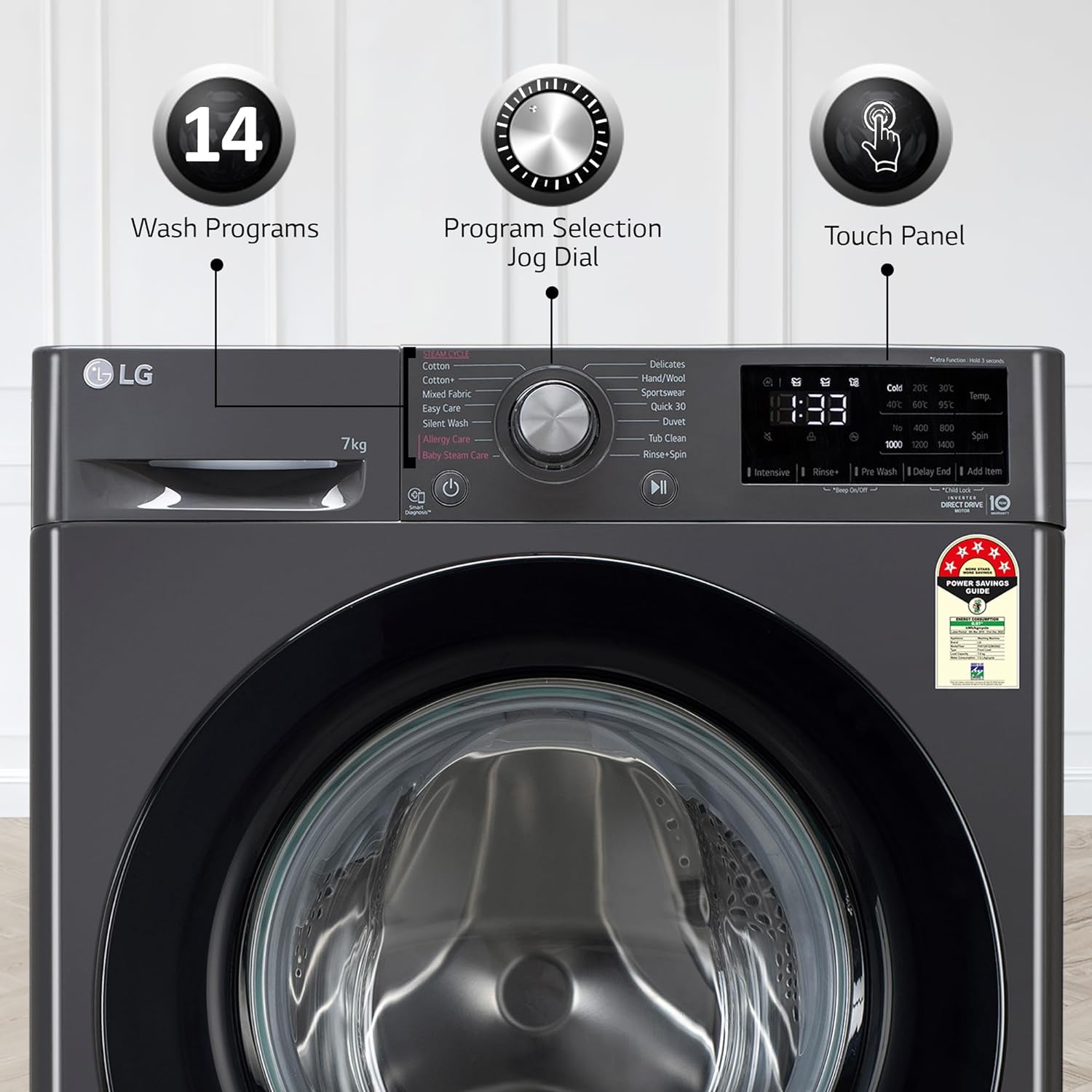 LG FHV1207Z2M 7 Kg 5 Star AI Direct Drive Fully-Automatic Front Loading Washing Machine (Middle Black, Steam for Hygiene Wash) - Mahajan Electronics Online