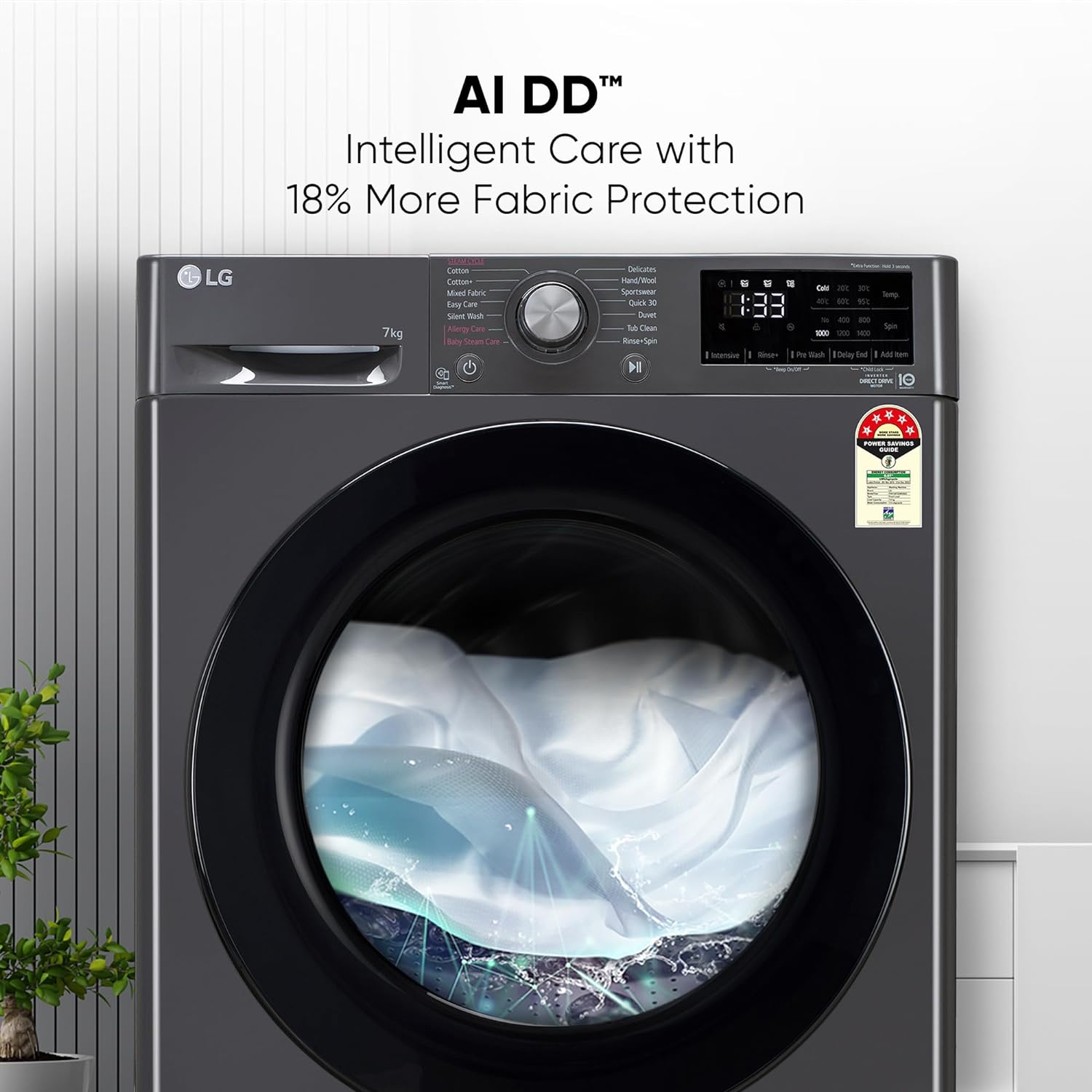 LG FHV1207Z2M 7 Kg 5 Star AI Direct Drive Fully-Automatic Front Loading Washing Machine (Middle Black, Steam for Hygiene Wash) - Mahajan Electronics Online