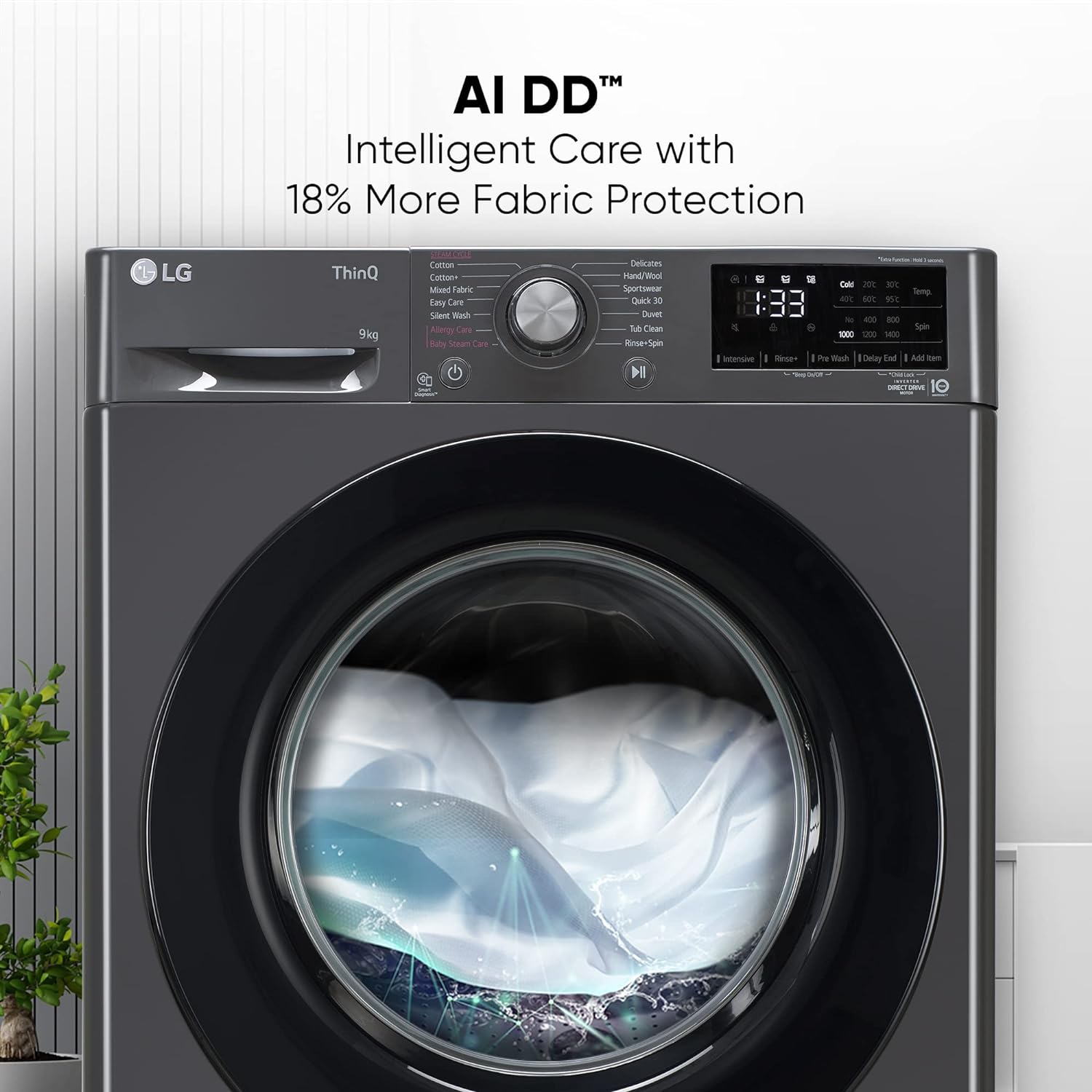 LG FHV1409Z4M 9 Kg 5 Star Wi-Fi Inverter AI Direct-Drive Touch Panel Fully Automatic Front Load Washing Machine (Steam for Hygiene, In-Built Heater, 6 Motion DD, Middle Black) - Mahajan Electronics Online