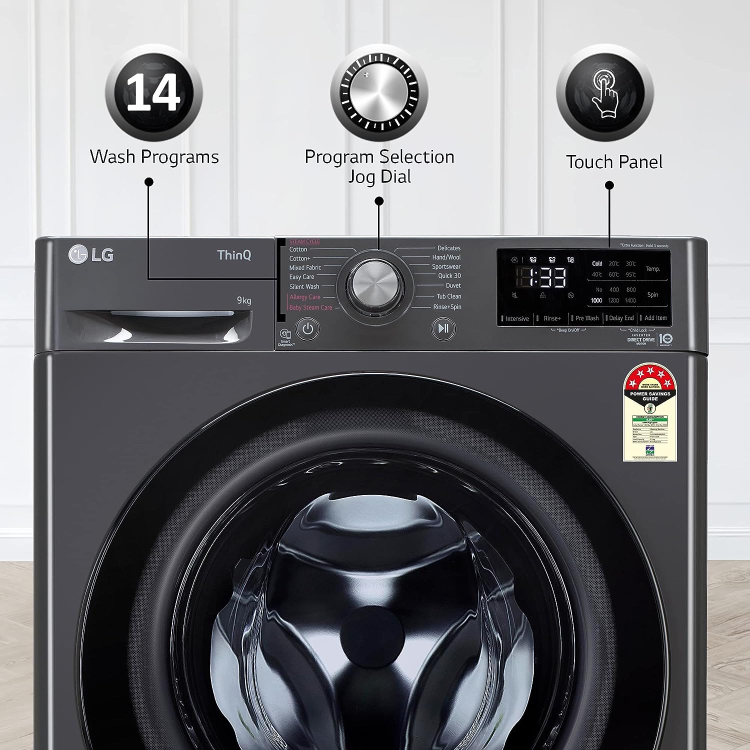 LG FHV1409Z4M 9 Kg 5 Star Wi-Fi Inverter AI Direct-Drive Touch Panel Fully Automatic Front Load Washing Machine (Steam for Hygiene, In-Built Heater, 6 Motion DD, Middle Black) - Mahajan Electronics Online