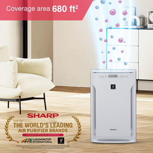 SHARP Air Purifier I Multi-Stage Purification with HEPA+Carbon+Pre-filter & Plasmacluster (Remove Mold, Bacteria, Virus, VOCs) FP-A80M-W| Traps 99.97% Impurities I Cover: 680 ft² (White) - Mahajan Electronics Online