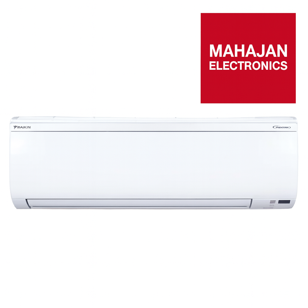 White air conditioner with Mahajan Electronics logo on a white background