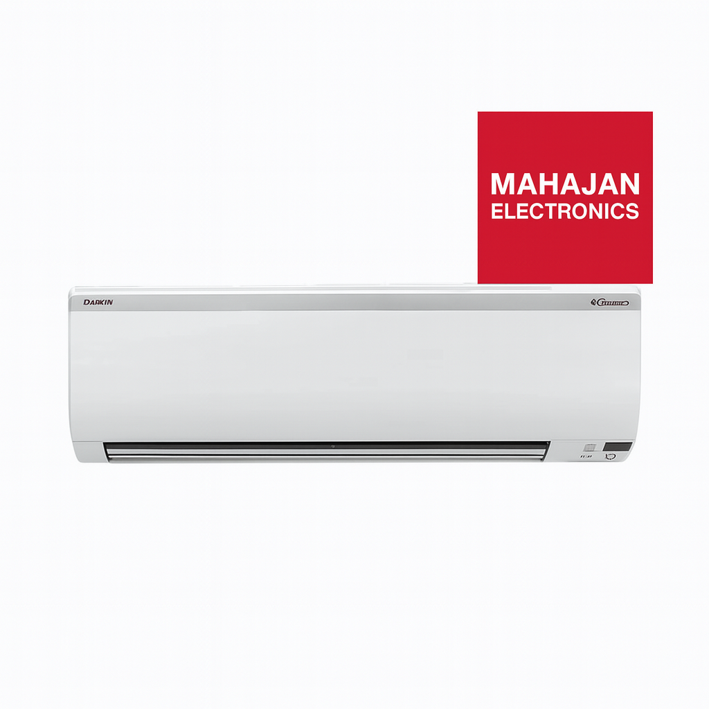 White air conditioner with Mahajan Electronics logo on a white background