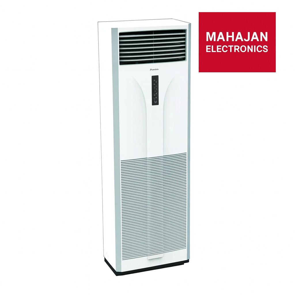 Tall white air conditioner with Mahajan Electronics logo on a white background