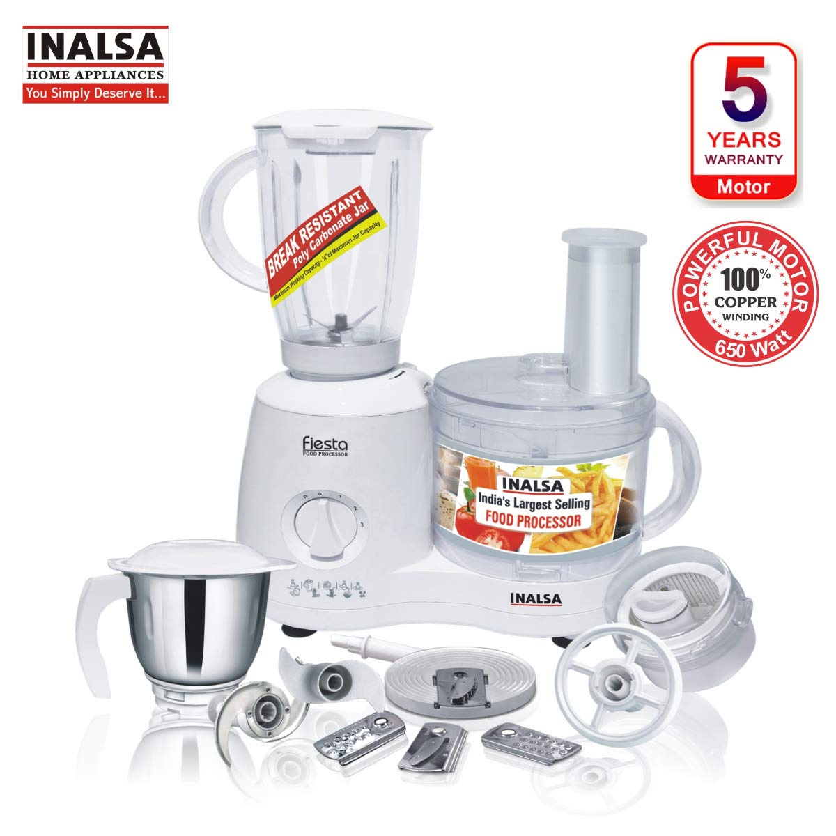 INALSA Fiesta LX Food Processor/ Atta Kneader/ Chopper 650 Watts-Fiesta|Blender & Dry Grinding Jar,8 Accessories| 5 Yr Warranty on Motor| Centrifugal Juicer (White)