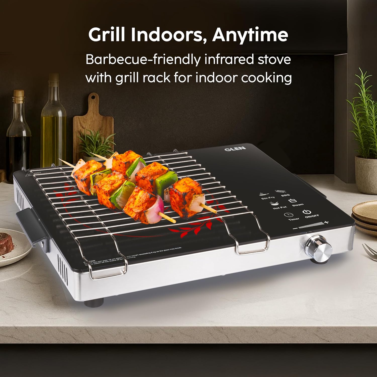 Glen SA-3077IR 2200W Infrared Cooktop Stove with Grill Rack for Barbecue, Touch Control, Crystal Glass Plate, Digital Display, 4 Modes, Timer, Surge Protection, for Induction & Flat Bottom Utensils-Online Mahajan Electronics