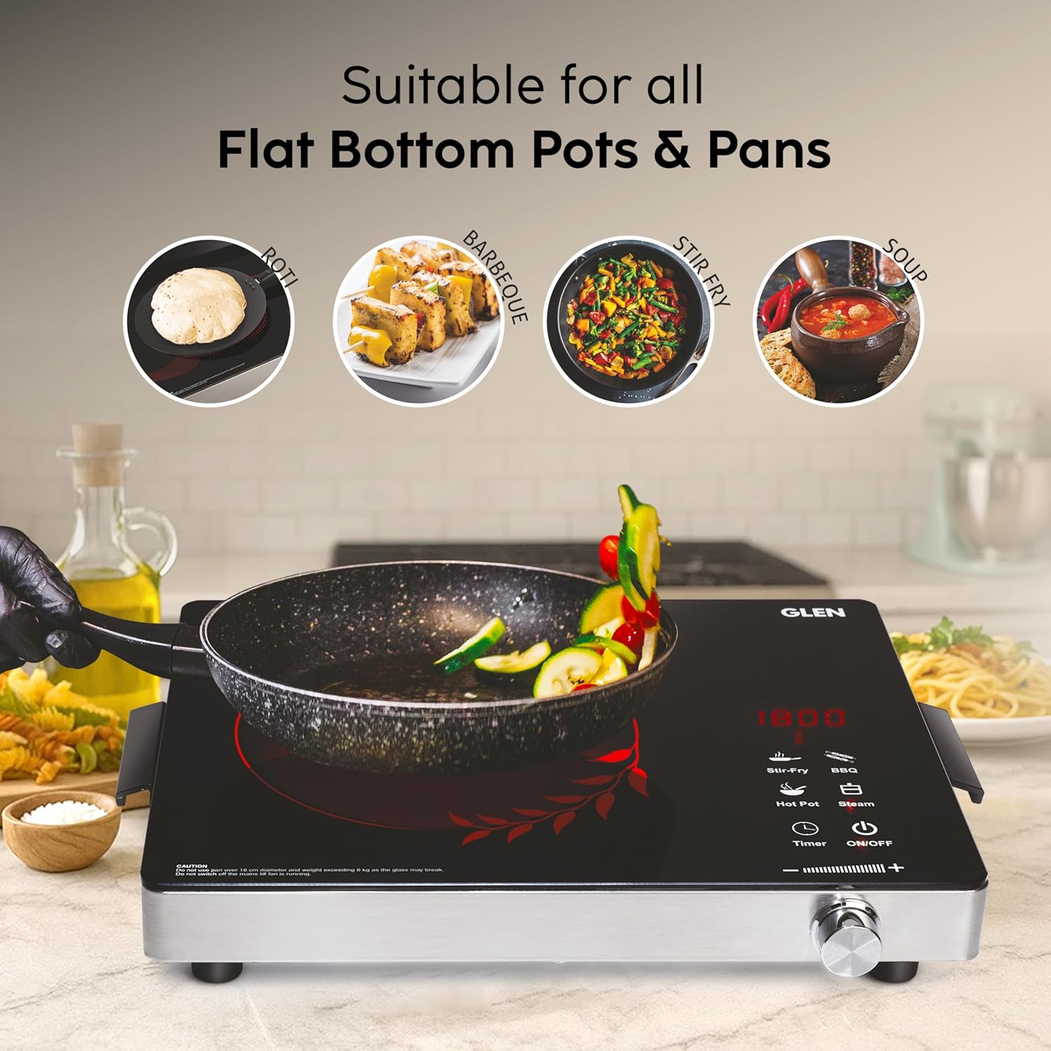 Glen SA-3077IR 2200W Infrared Cooktop Stove with Grill Rack for Barbecue, Touch Control, Crystal Glass Plate, Digital Display, 4 Modes, Timer, Surge Protection, for Induction & Flat Bottom Utensils-Online Mahajan Electronics