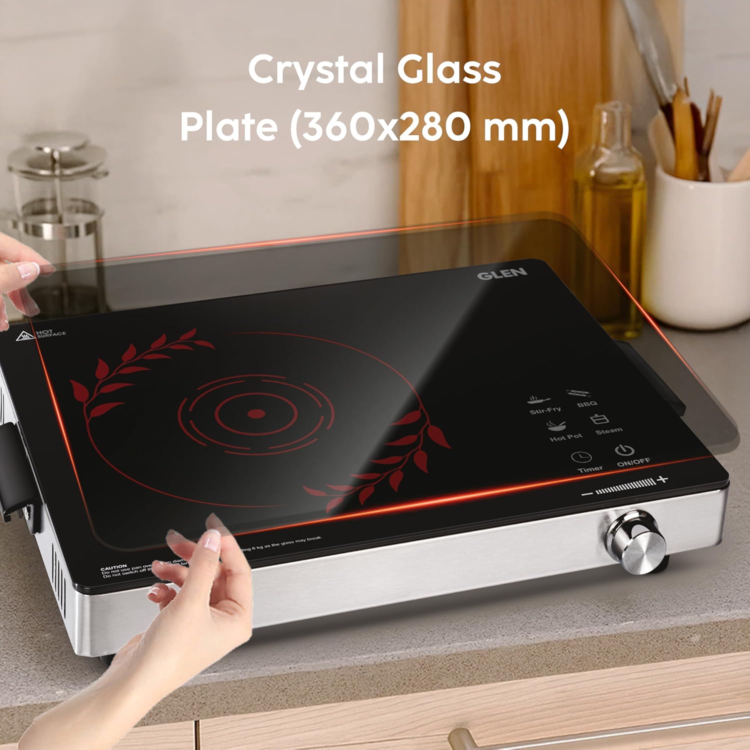 Glen SA-3077IR 2200W Infrared Cooktop Stove with Grill Rack for Barbecue, Touch Control, Crystal Glass Plate, Digital Display, 4 Modes, Timer, Surge Protection, for Induction & Flat Bottom Utensils-Online Mahajan Electronics