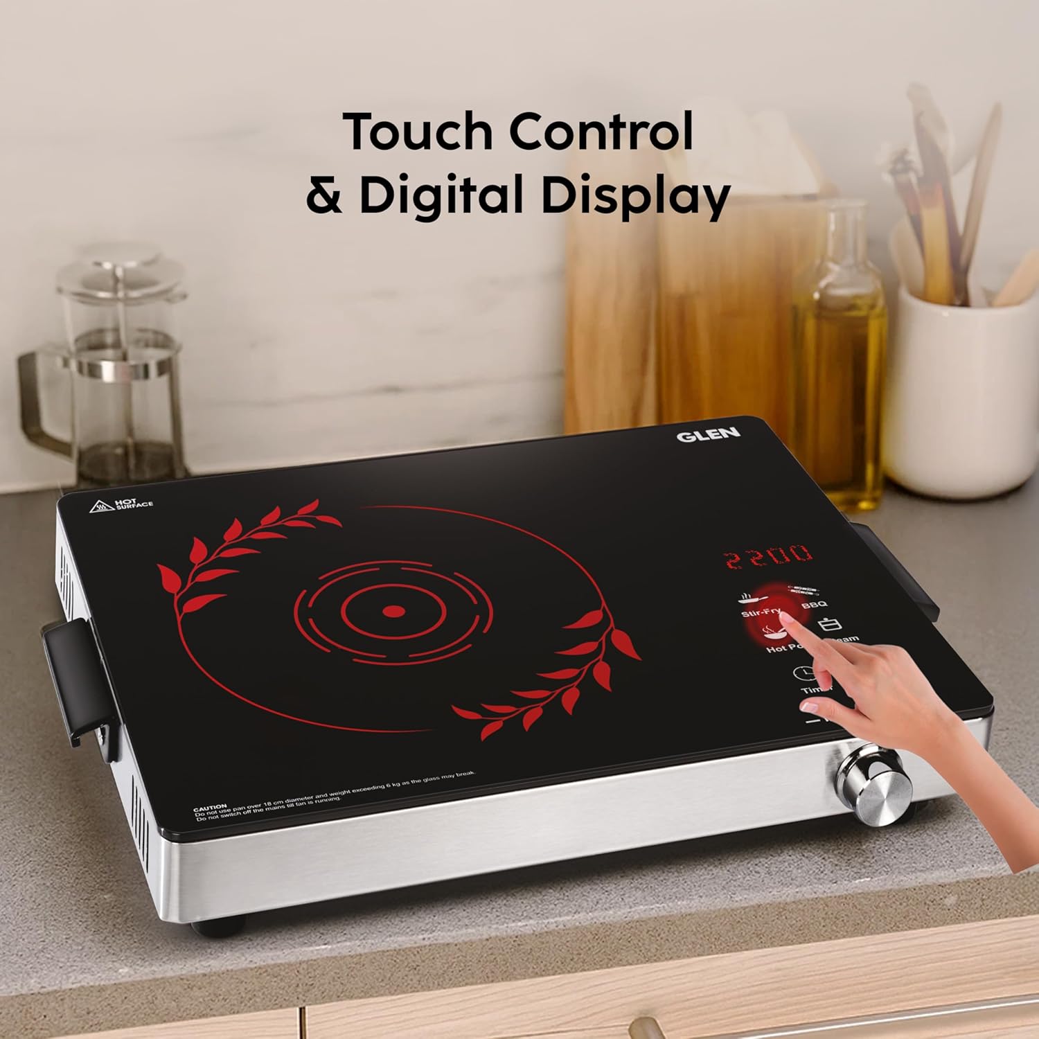Glen SA-3077IR 2200W Infrared Cooktop Stove with Grill Rack for Barbecue, Touch Control, Crystal Glass Plate, Digital Display, 4 Modes, Timer, Surge Protection, for Induction & Flat Bottom Utensils-Online Mahajan Electronics
