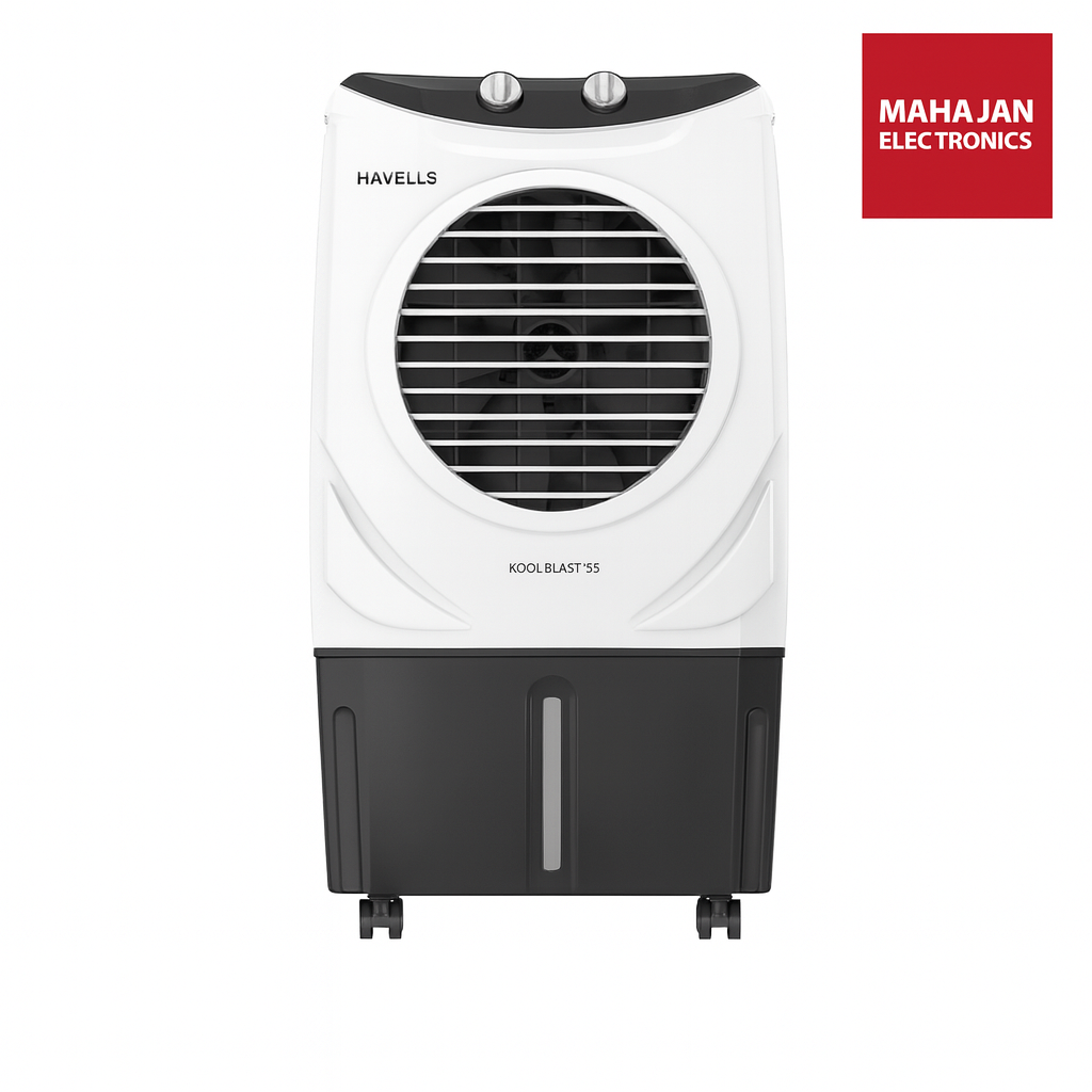 Havells Koolblast air cooler with Mahajan Electronics logo on a white background