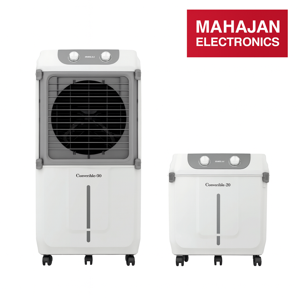 Two air conditioning units with 'Mahajan Electronics' logo on a white background