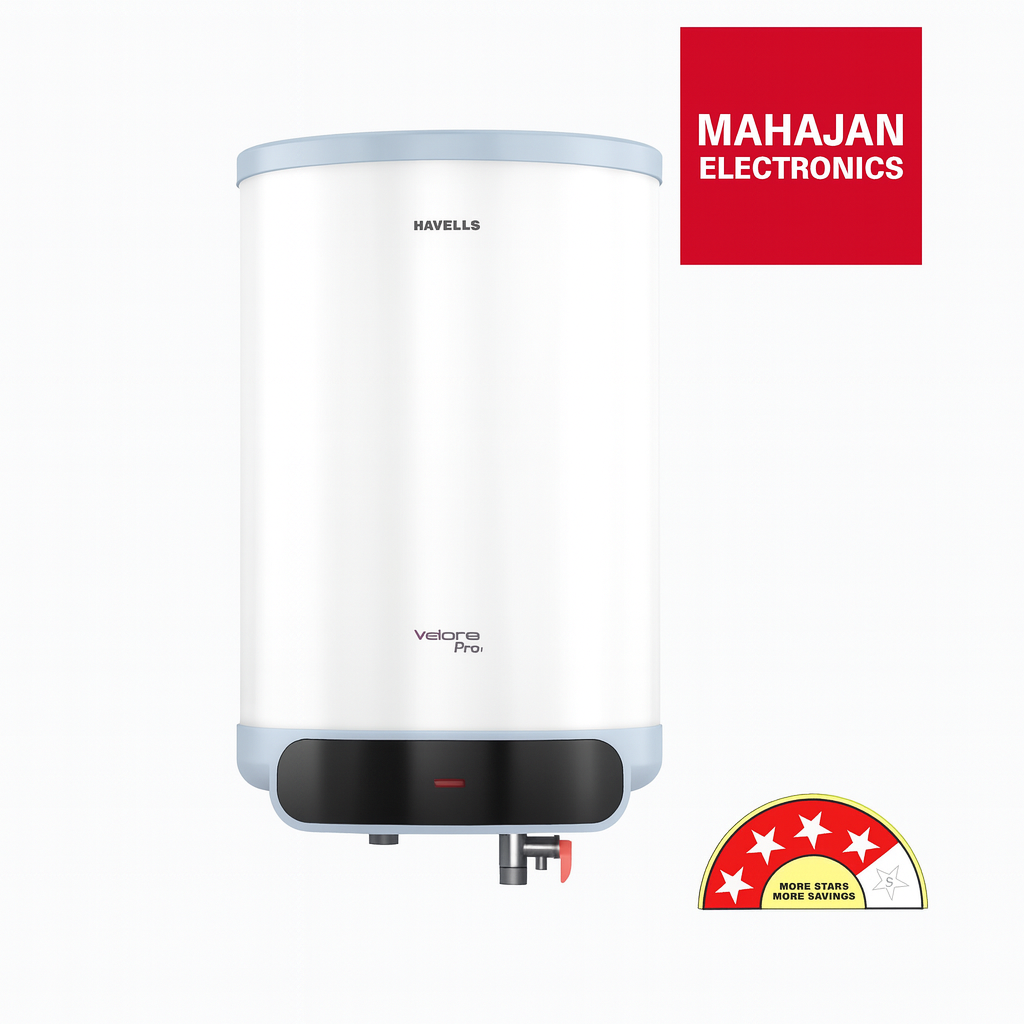 White water heater with Mahajan Electronics logo on a white background