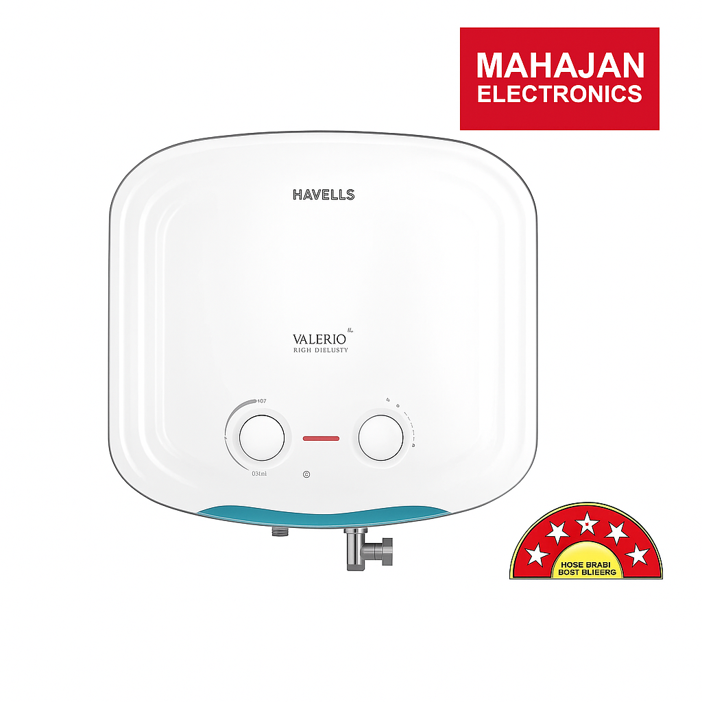 Havells water heater with Mahajan Electronics logo on a white background