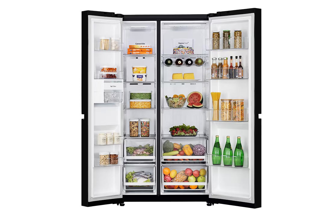 LG GL-B257DBM3 650 Ltr, Convertible Side by Side Refrigerator with Premium Glass Door, Smart Inverter Compressor, Hygiene Fresh+™, DoorCooling+™, Smart Diagnosis™, Black Mirror Finish - Mahajan Electronics Online