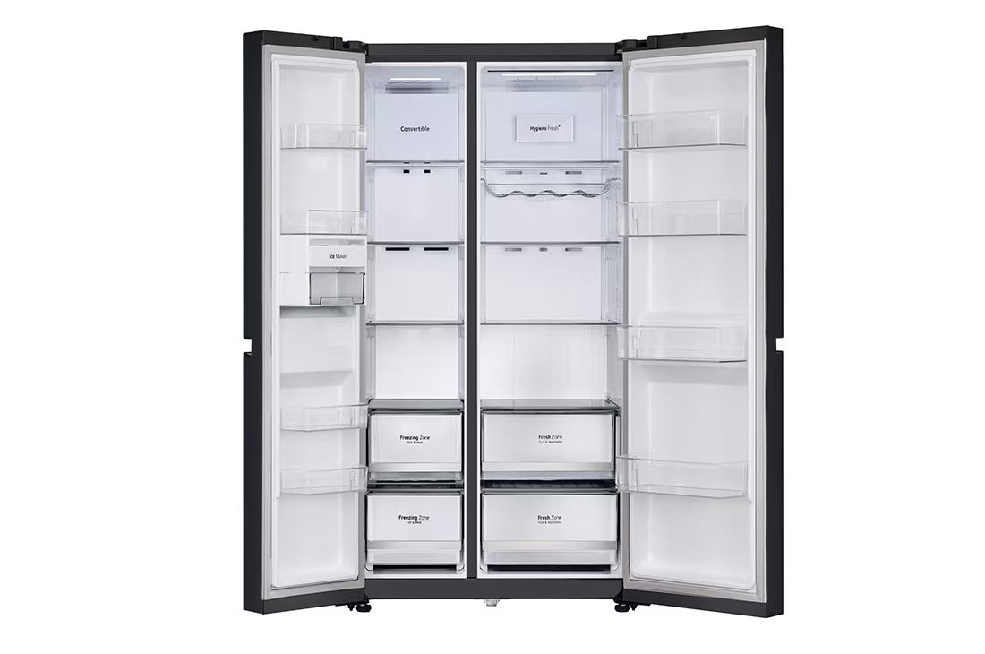 LG GL-B257DBM3 650 Ltr, Convertible Side by Side Refrigerator with Premium Glass Door, Smart Inverter Compressor, Hygiene Fresh+™, DoorCooling+™, Smart Diagnosis™, Black Mirror Finish - Mahajan Electronics Online