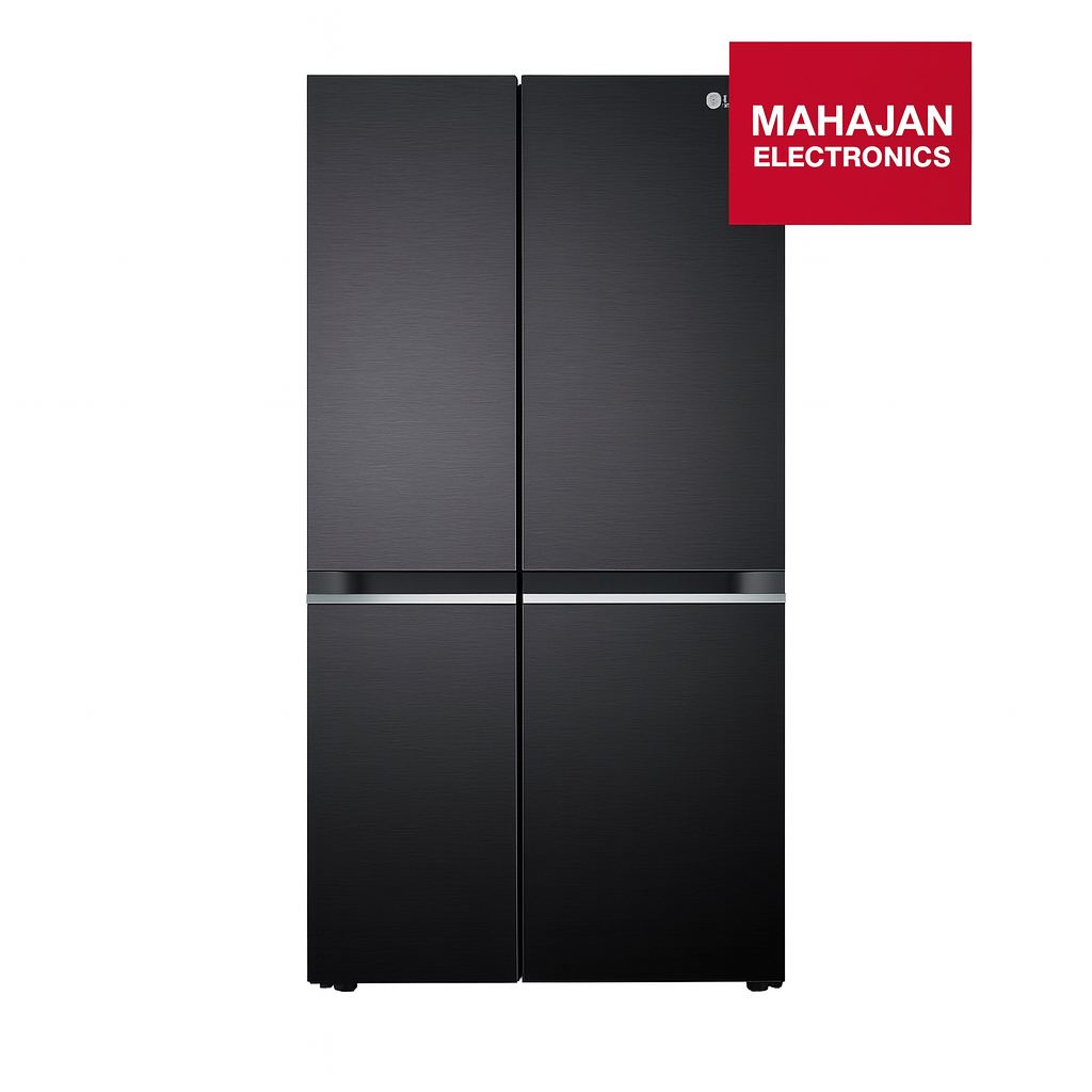 Black refrigerator with Mahajan Electronics logo on a white background
