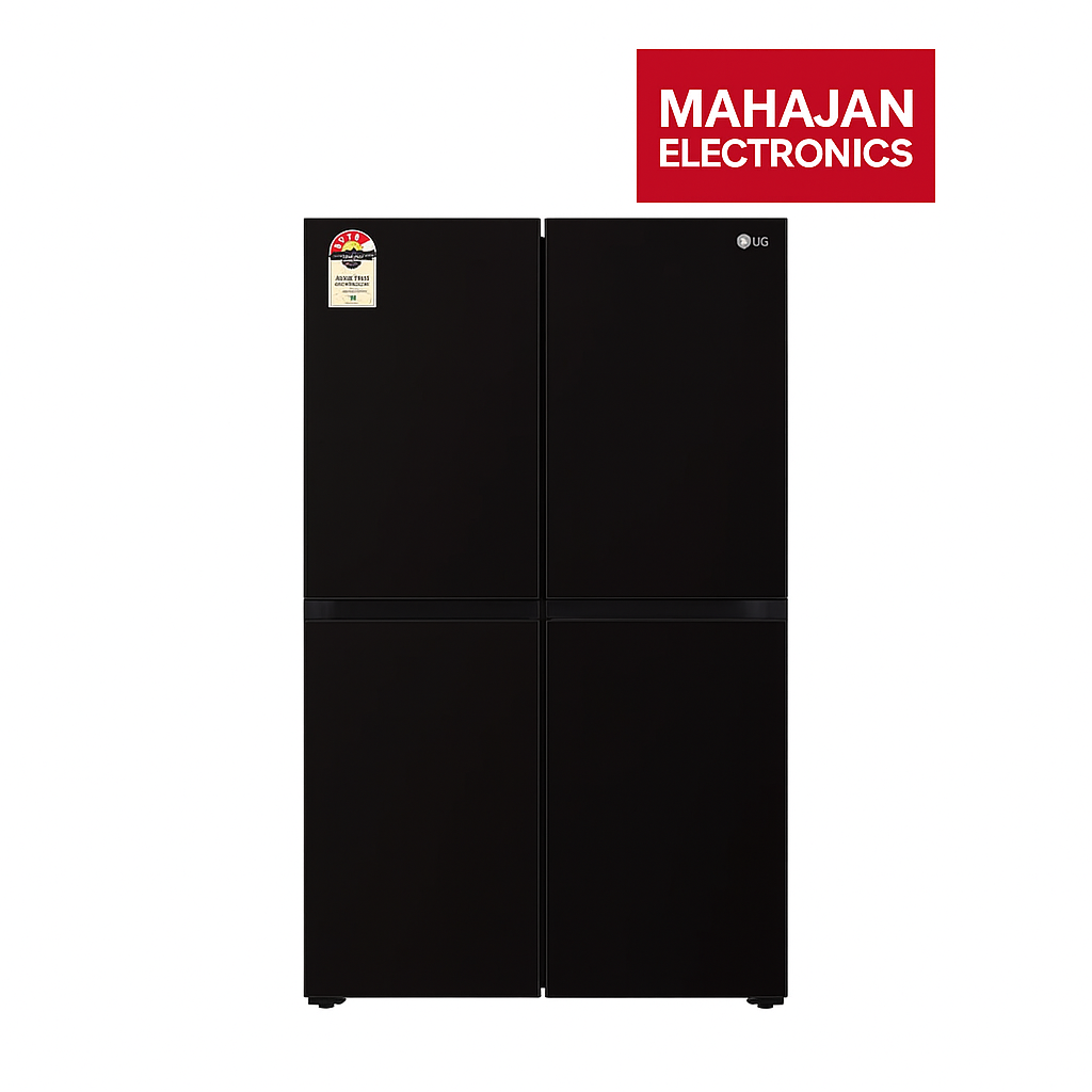 Black refrigerator with Mahajan Electronics logo on a white background