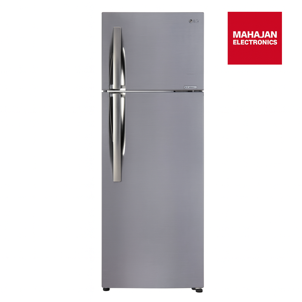 Gray refrigerator with Mahajan Electronics logo on a white background