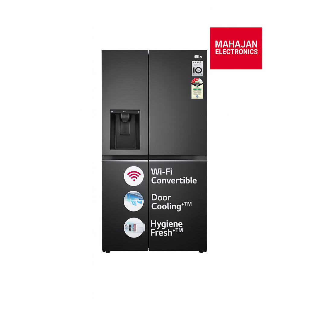 Black refrigerator with features labeled on a white background, featuring the Mahajan Electronics logo.
