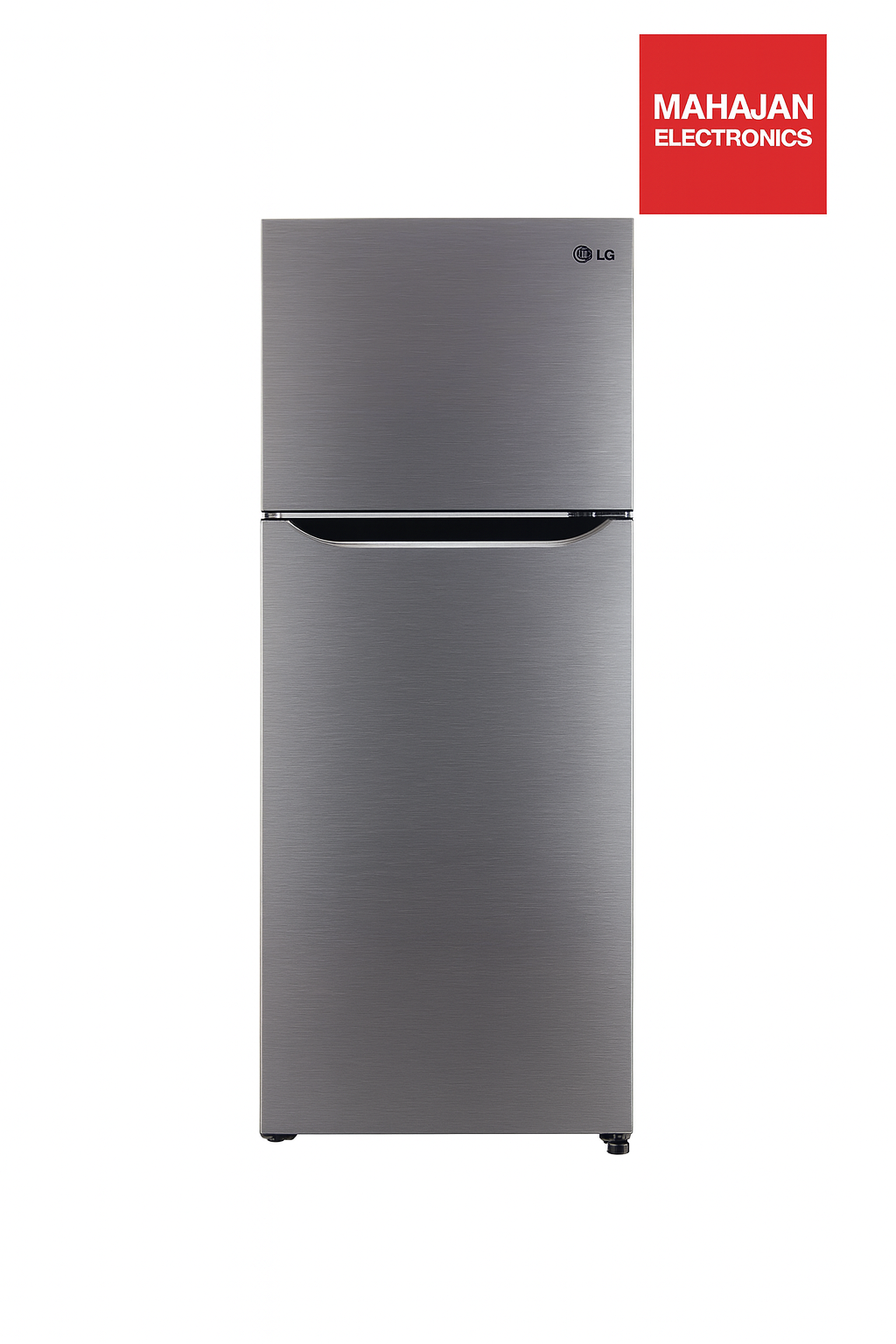 Gray refrigerator with Mahajan Electronics logo on a white background