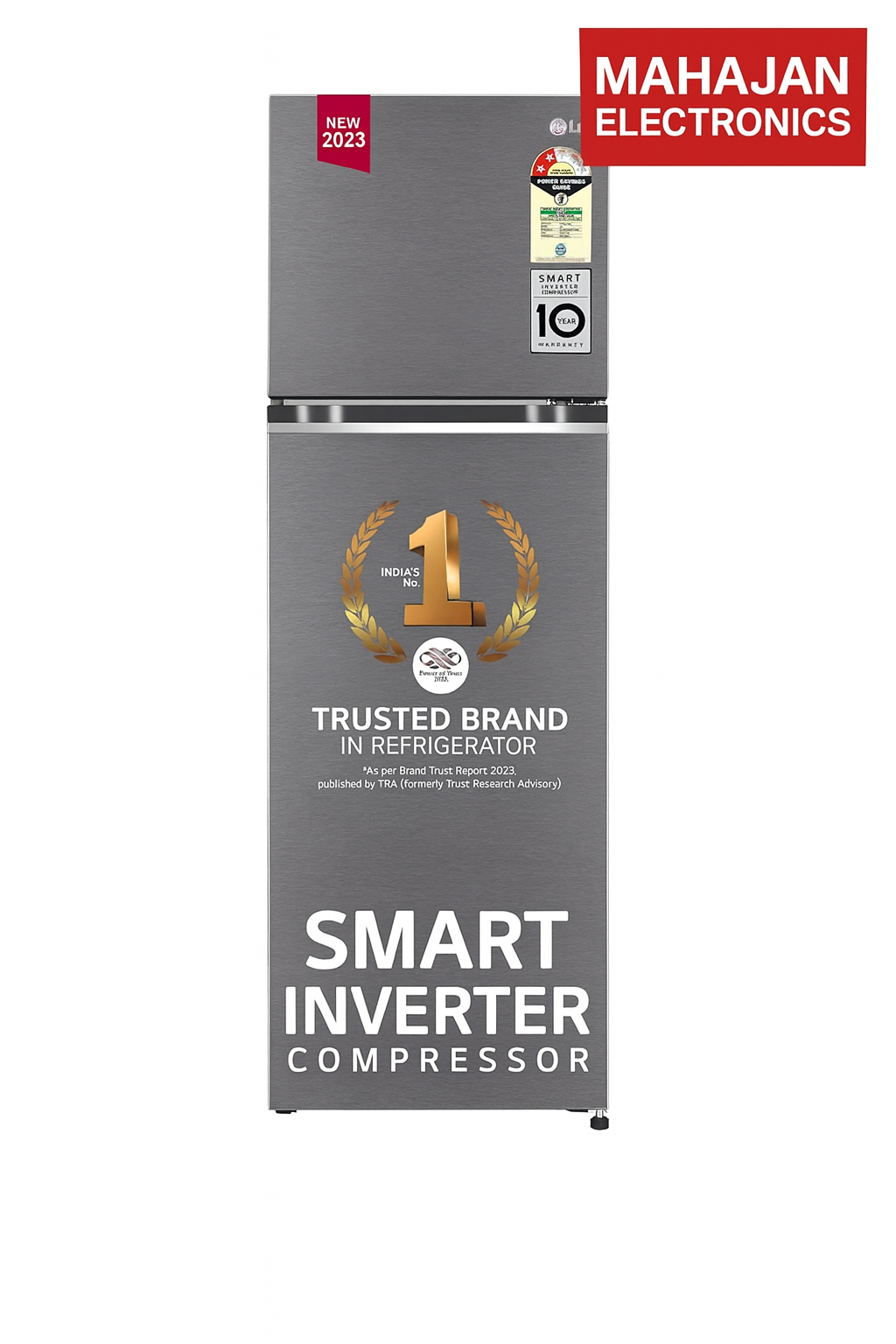 Gray refrigerator with branding and features on a white background