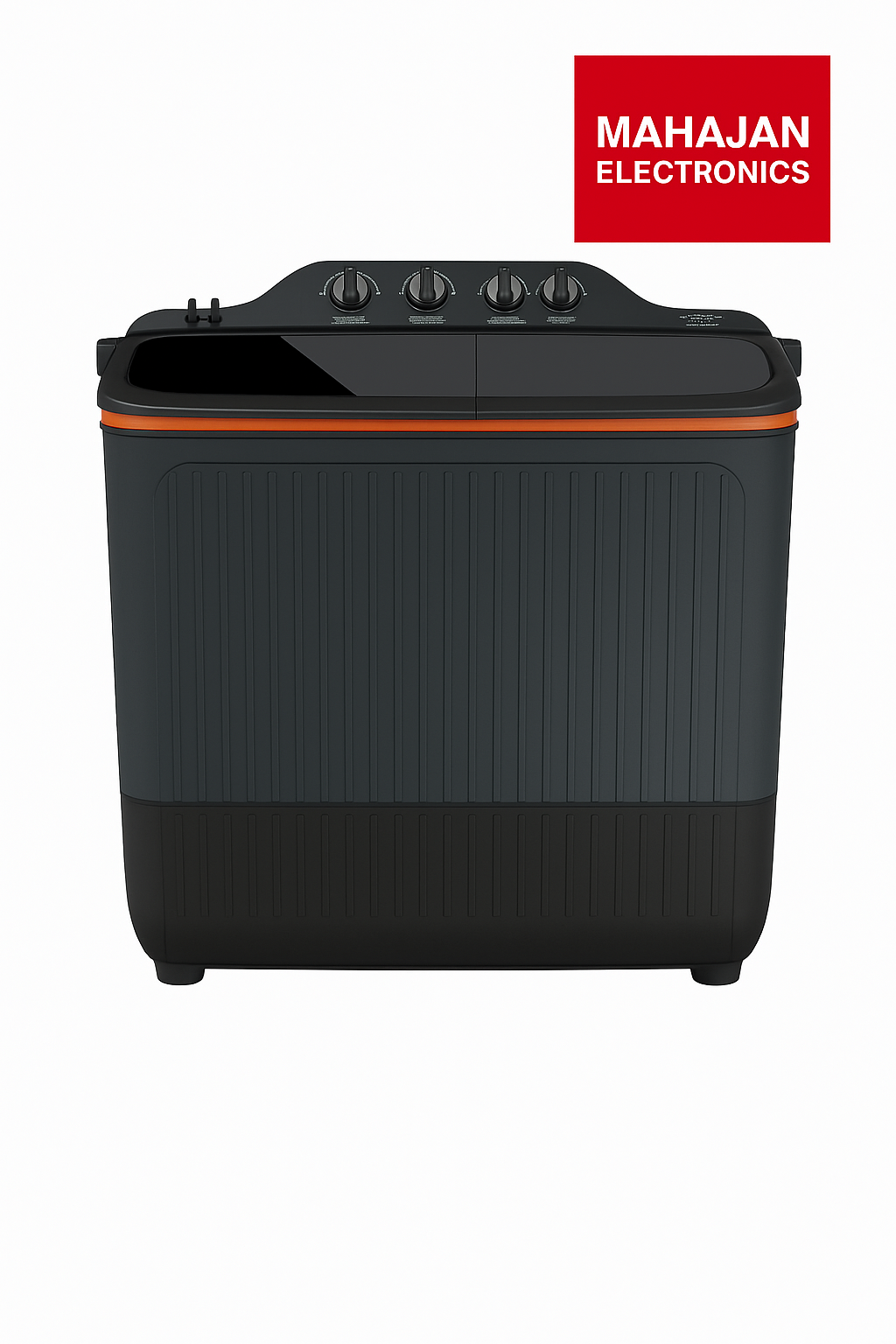 Black portable speaker with orange accent on a white background, featuring Mahajan Electronics logo.