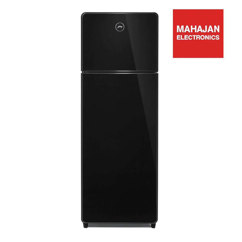Black refrigerator with Mahajan Electronics logo on a white background