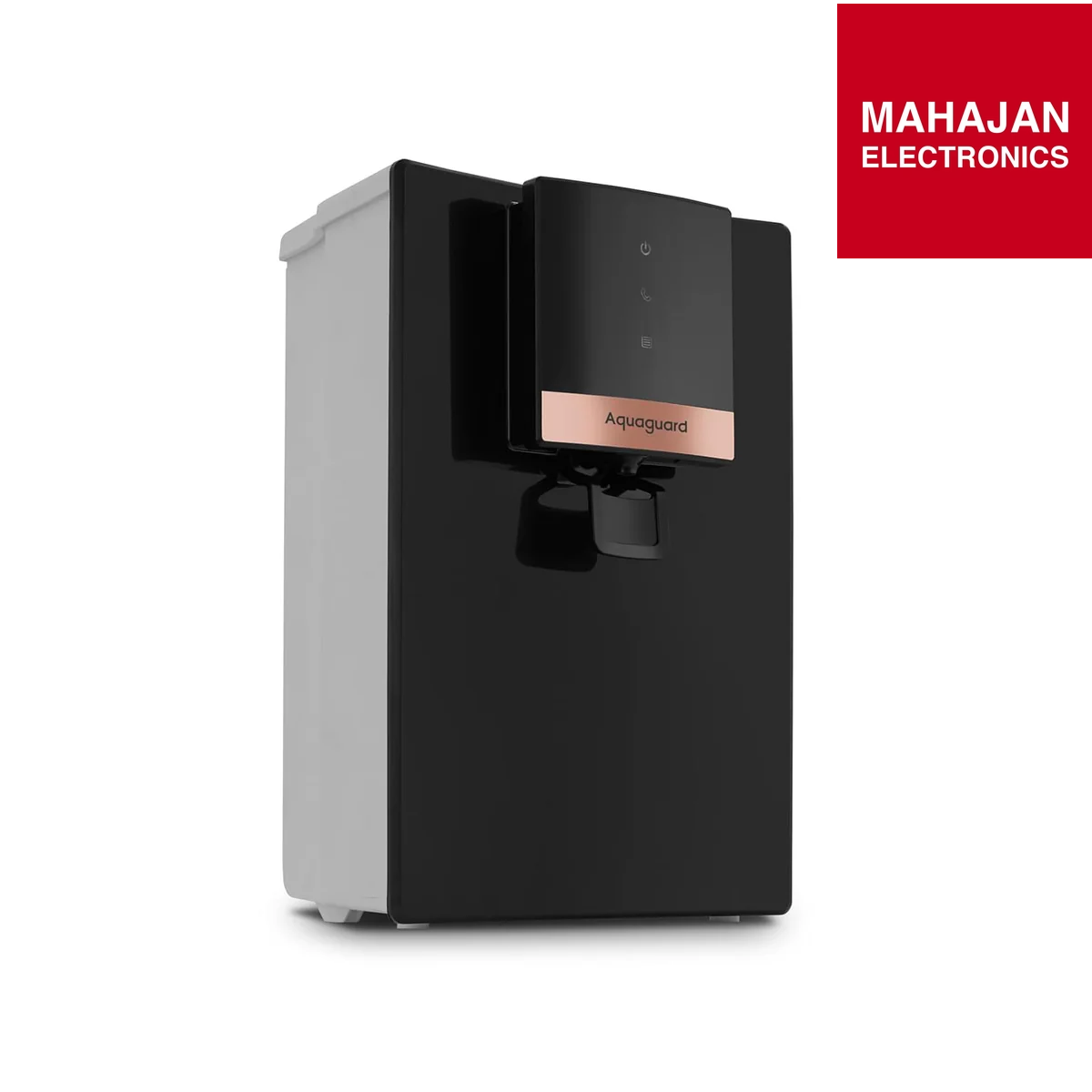 Black and gray water dispenser with Aquaguard branding on a white background, featuring the Mahajan Electronics logo.