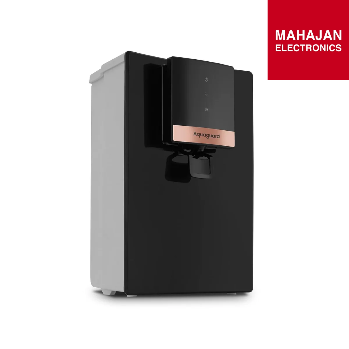 Black and gray water dispenser with Aquaguard branding on a white background, featuring the Mahajan Electronics logo.