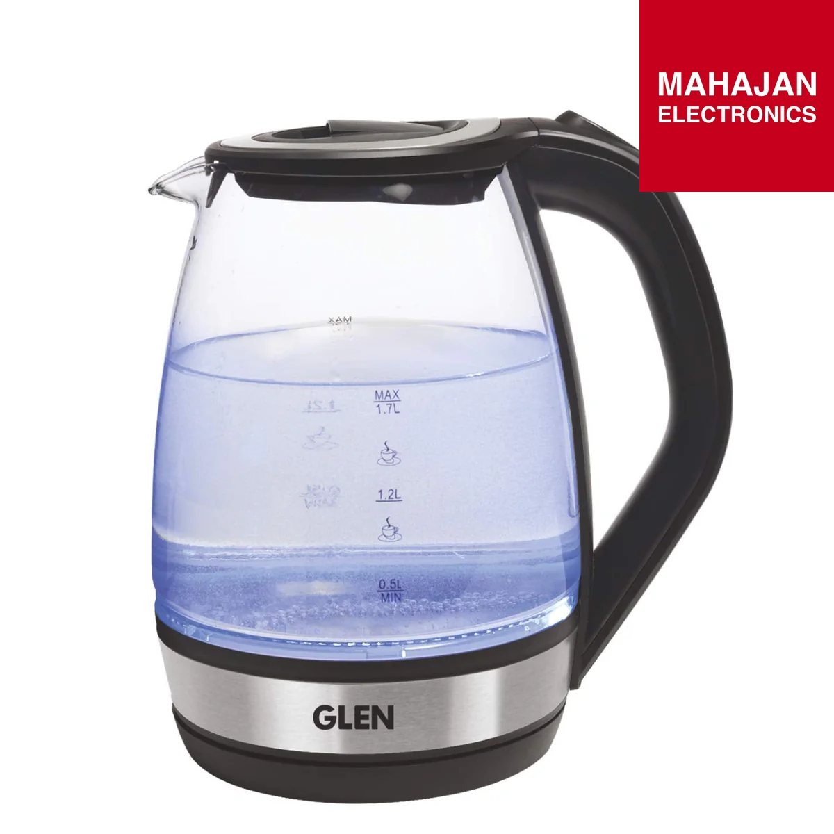 Glen Electric Glass Kettle 9012 | 1.8L Transparent Glass | 2000W Fast Boil | Blue LED Light | Mahajan Electronics Delhi NCR