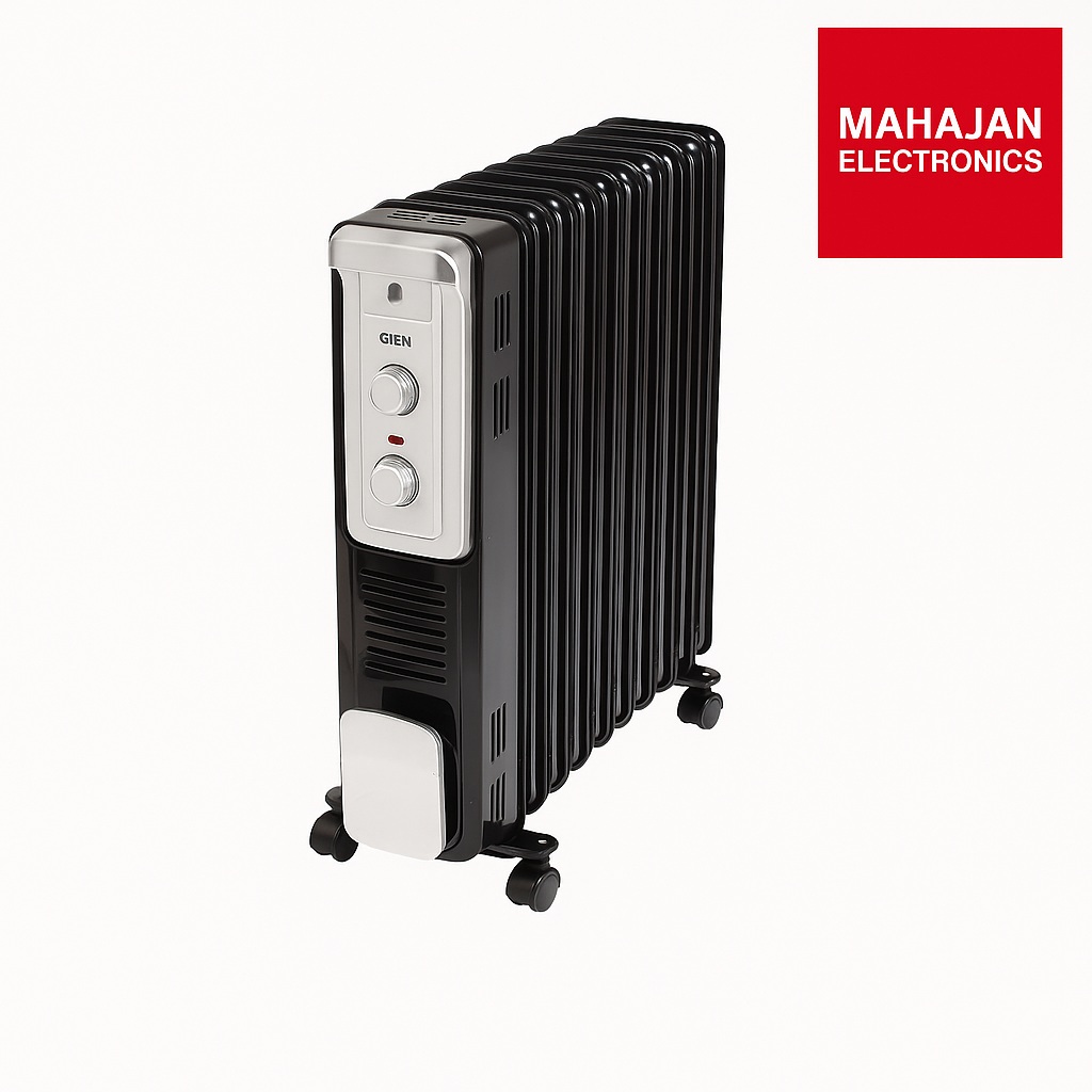 Black oil-filled radiator with control panel on a white background, featuring the Mahajan Electronics logo.