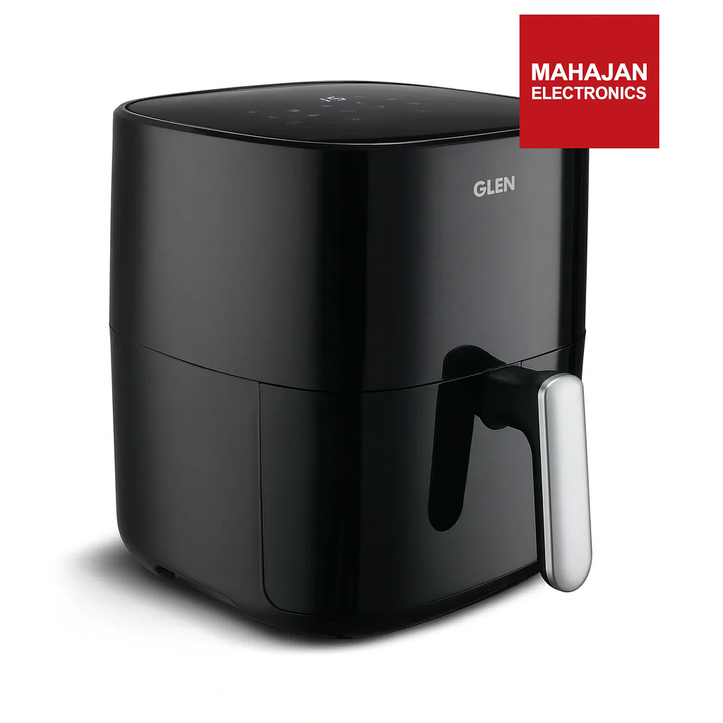 Black air fryer with a handle on a white background, featuring the Glen brand.