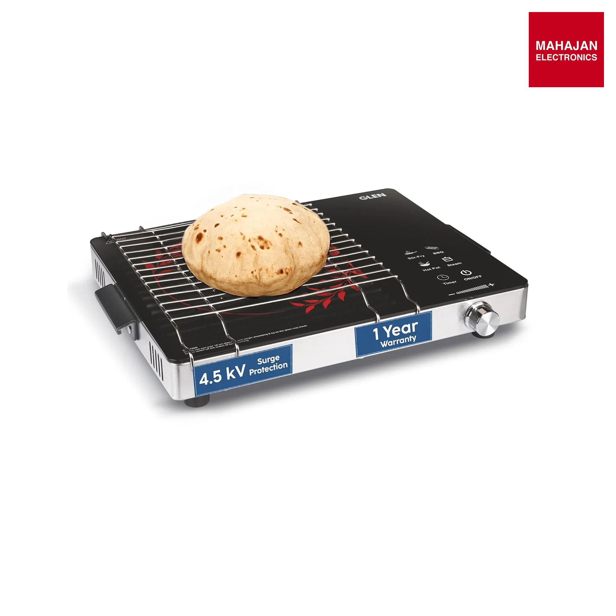 Glen SA-3077IR 2200W Infrared Cooktop Stove with Grill Rack for Barbecue, Touch Control, Crystal Glass Plate, Digital Display, 4 Modes, Timer, Surge Protection, for Induction & Flat Bottom Utensils-Online Mahajan Electronics