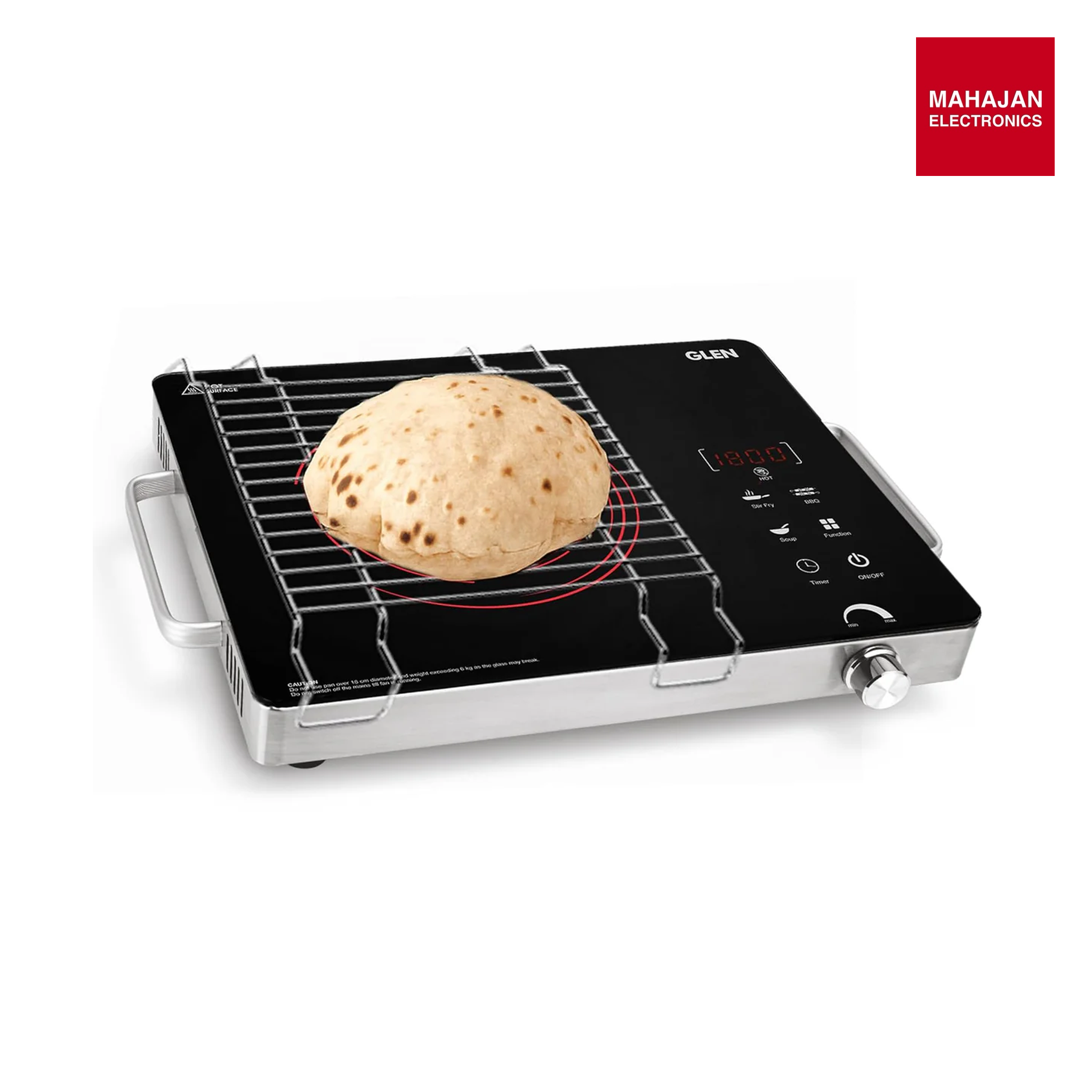Glen SA 3072 IR 2200W Infrared Cooktop with Steel Grill Rack, Touch Control, Polished Crystal Glass Plate, Digital Display, 4 Preset & Timer, 4.5kV Surge Protection | Compatible with All Metals & Flat Bottom Mahajan Electronics Online