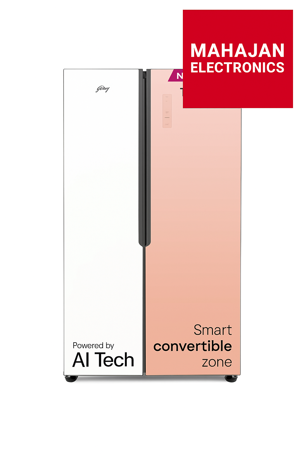 Two-tone refrigerator with white and pink design, featuring Mahajan Electronics branding.